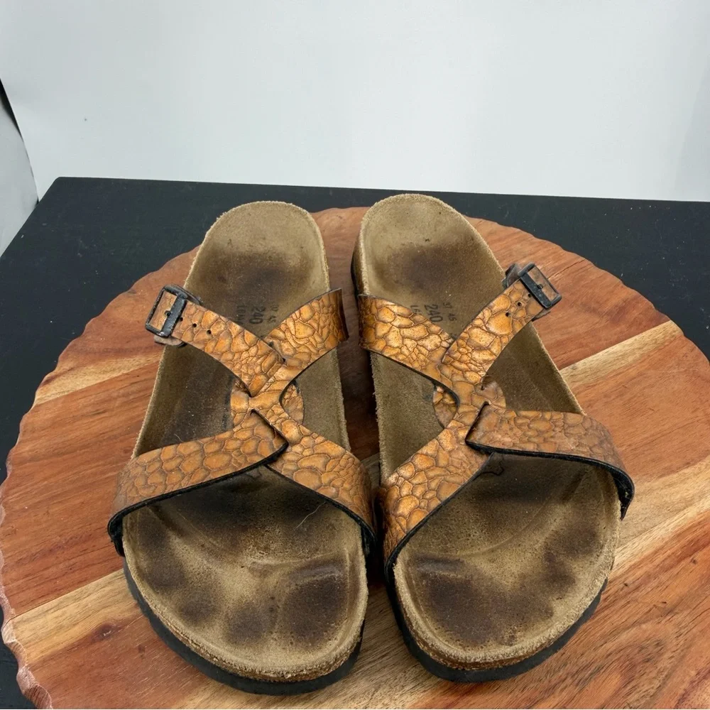 Birki’s by Birkenstock orange Bronze metallic snake cork leather sandals 37 US 6